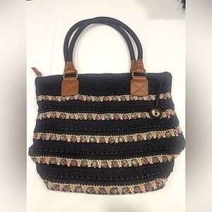 The Sak navy crochet purse with ribbon trim